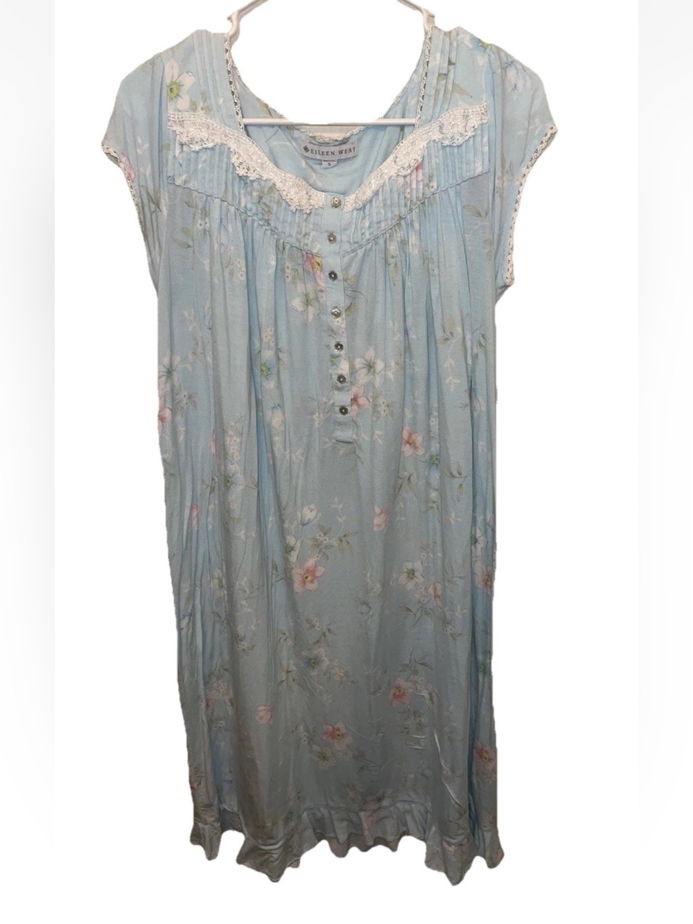 Eileen West Powder Blue Lace Trim Cap Sleeve Nightgown Size S Coquette EUC